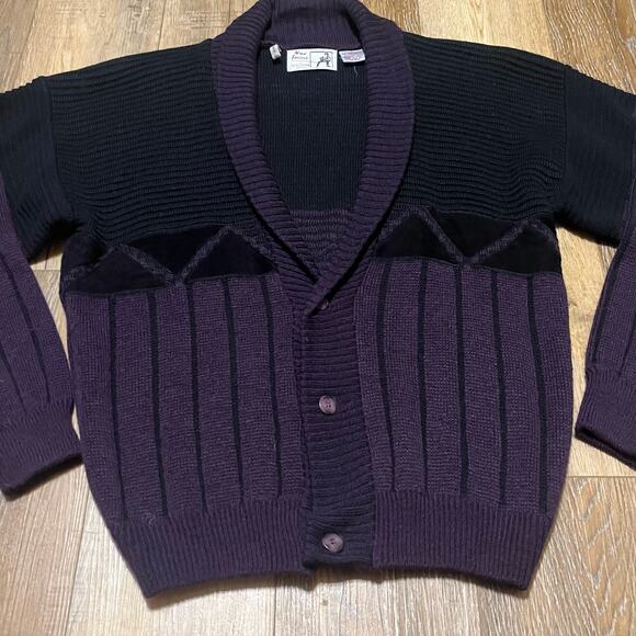 Vtg Randy River Geometric Knit Cardigan Sweater Leather Trim Mens L Grandpa Dad - Picture 2 of 9
